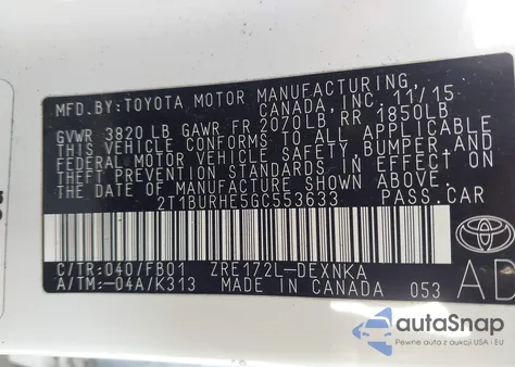 2016 Toyota Corolla Le из США, поврежденный, VIN 2T1BURHE5GC553633